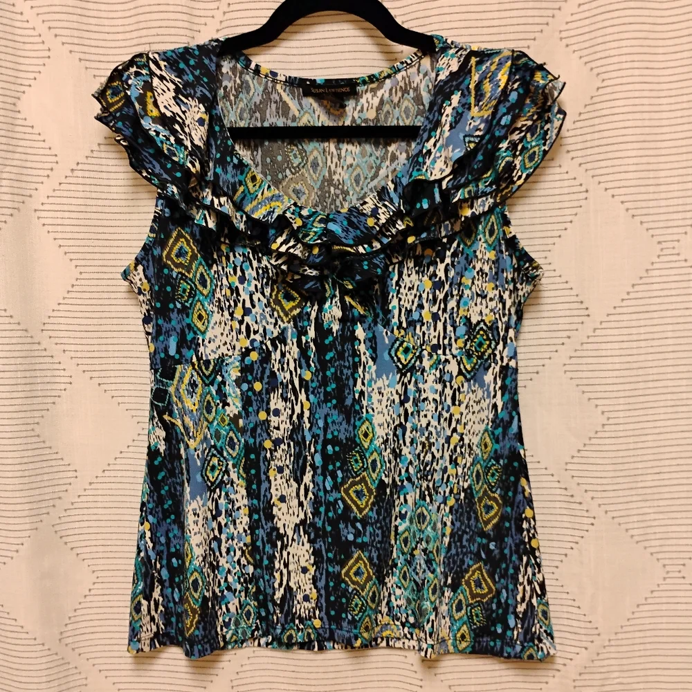 Susan Lawrence Women's Blue Patterned Ruffle Top V neck Blouse Size Medium - Picture 5 of 7